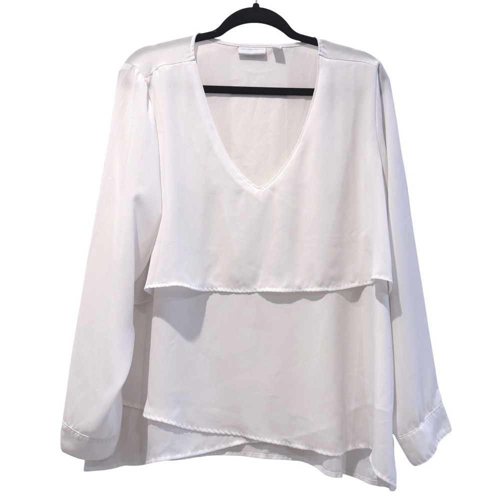 NY & Company White Tiered Layered Blouse V-Neck Long Sleeve Polyester Womens L